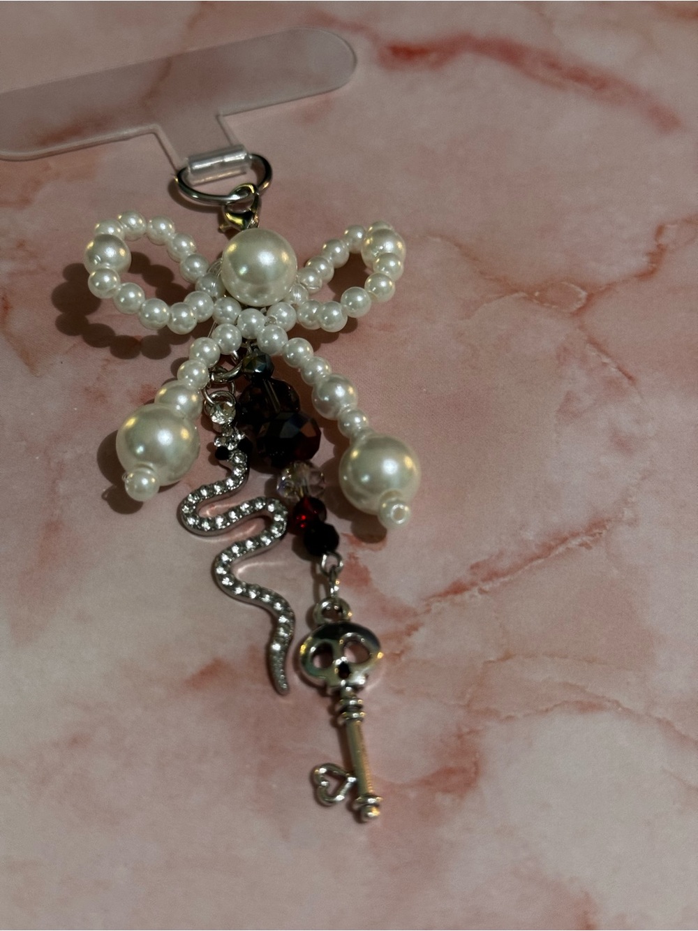 Pearl Bow w/ Skull Key Charm and Rhinestone Snake Cell Phone Jewelry